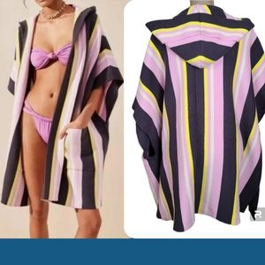 Free People One Size Hooded Baja Beach Poncho Sweater Purple Blue Stripe NEW